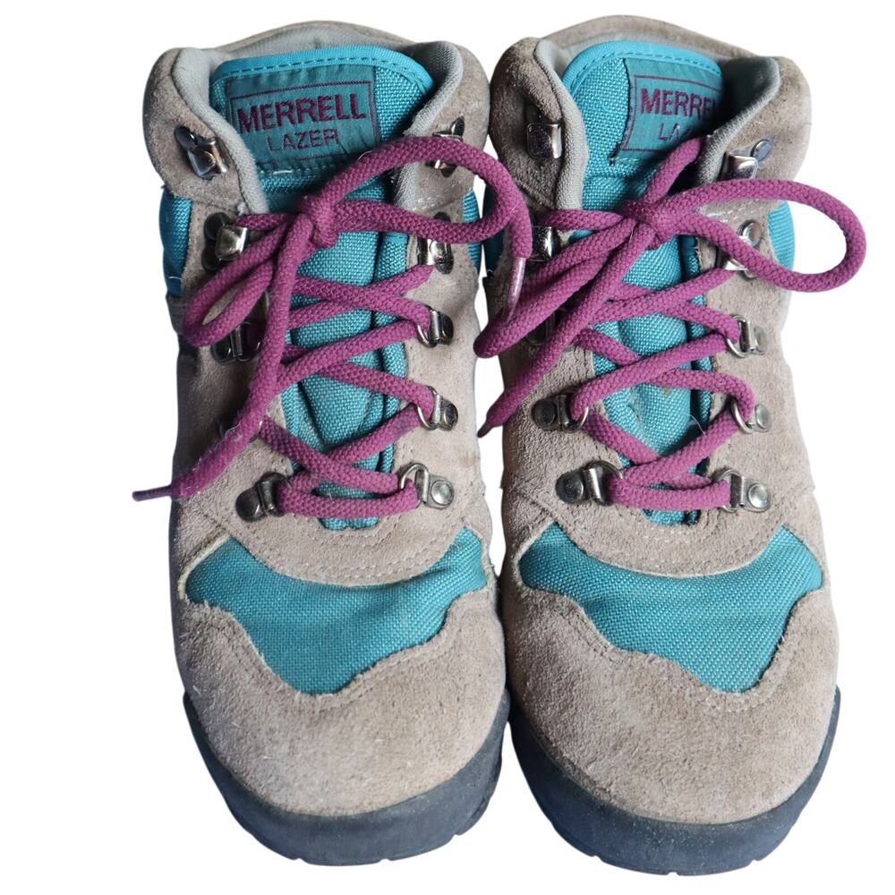 Vintage 90s Y2K Merrell Lazer Hiking Boots Ankle Gray Blue Purple Womens 6 Suede